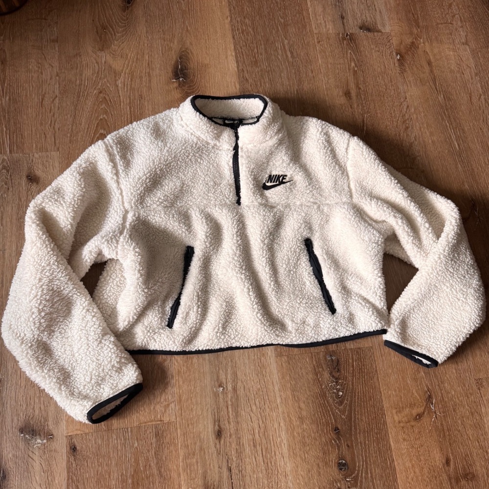 Nike Sherpa Plush Fleece Quarter Zip Crop Pullover Cream Black Medium BV5134-110 - Picture 6 of 8